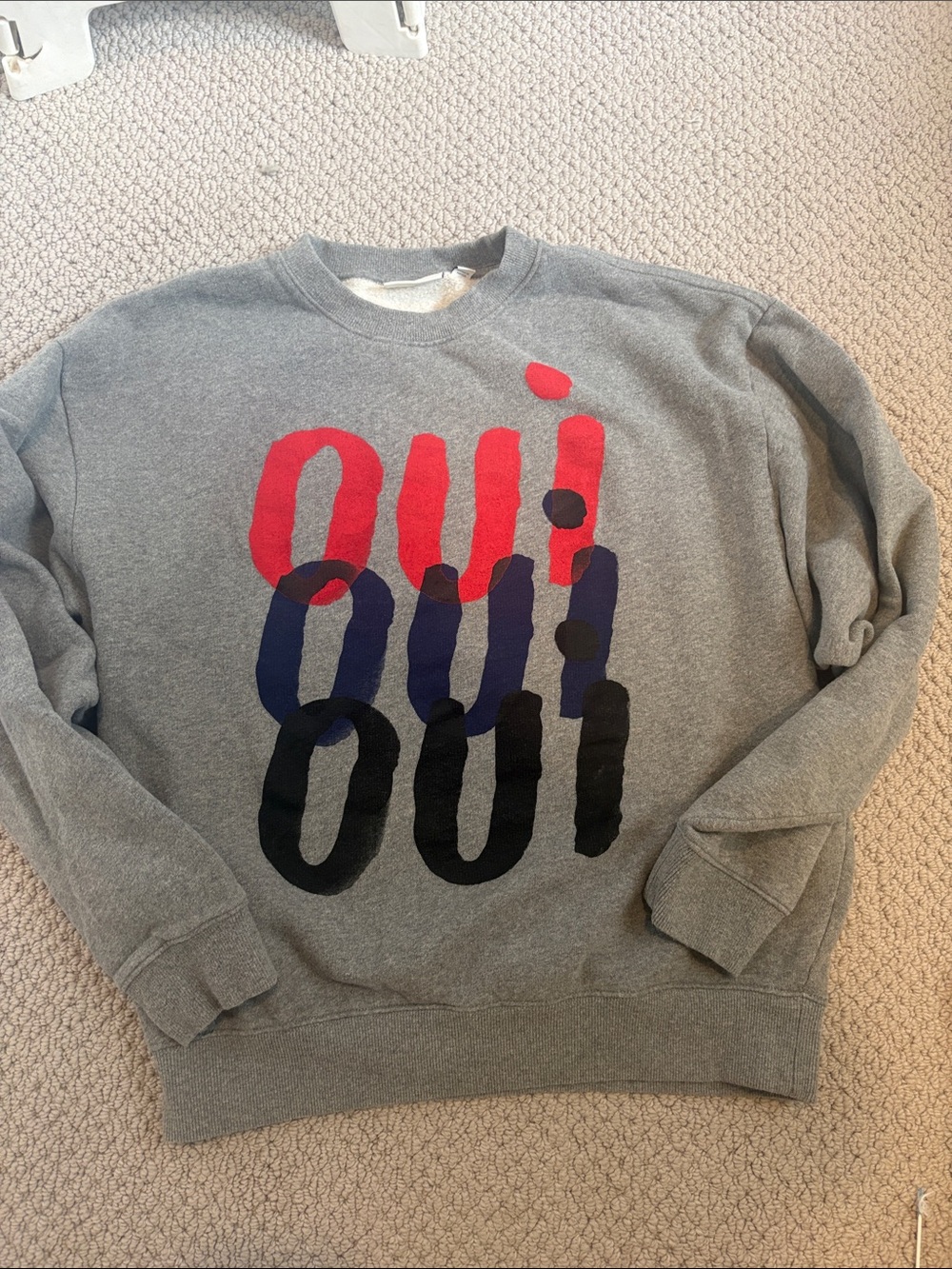 Clare V Grey 'OUI' Graphic Crewneck with Red, Blue and Black Print
